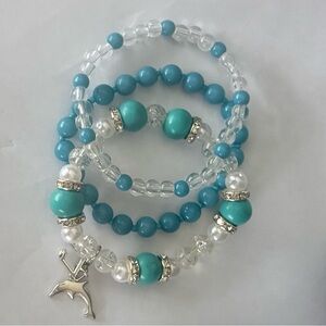 Elegant White and Turquoise like Blue Beaded Stretch Bracelet Set